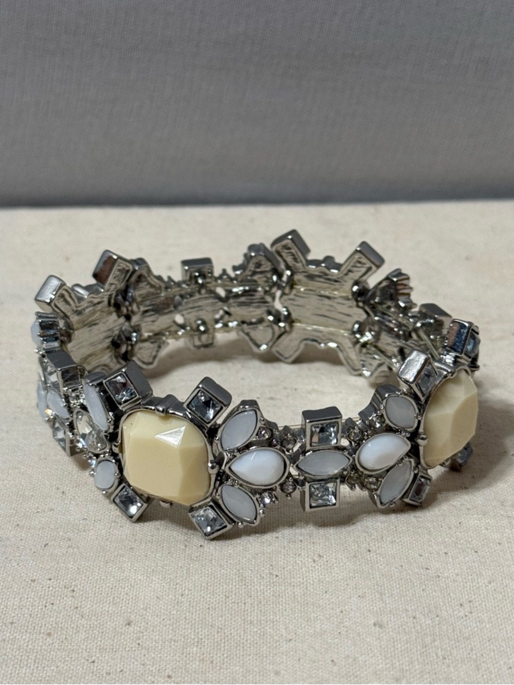 Silver Stretch Bracelet with Cream and White Gem Accents
